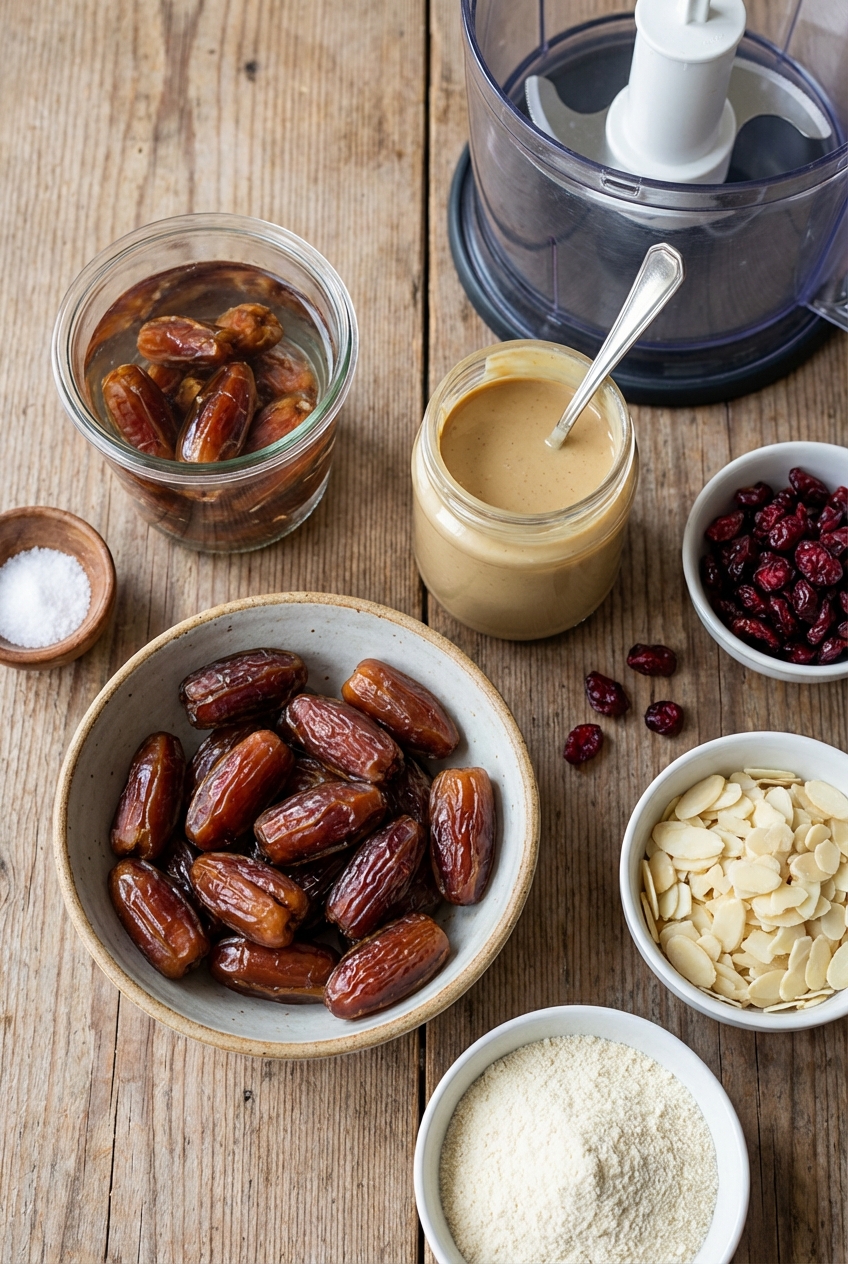 Składniki na daktylowe kulki mocy z tahini i żurawiną