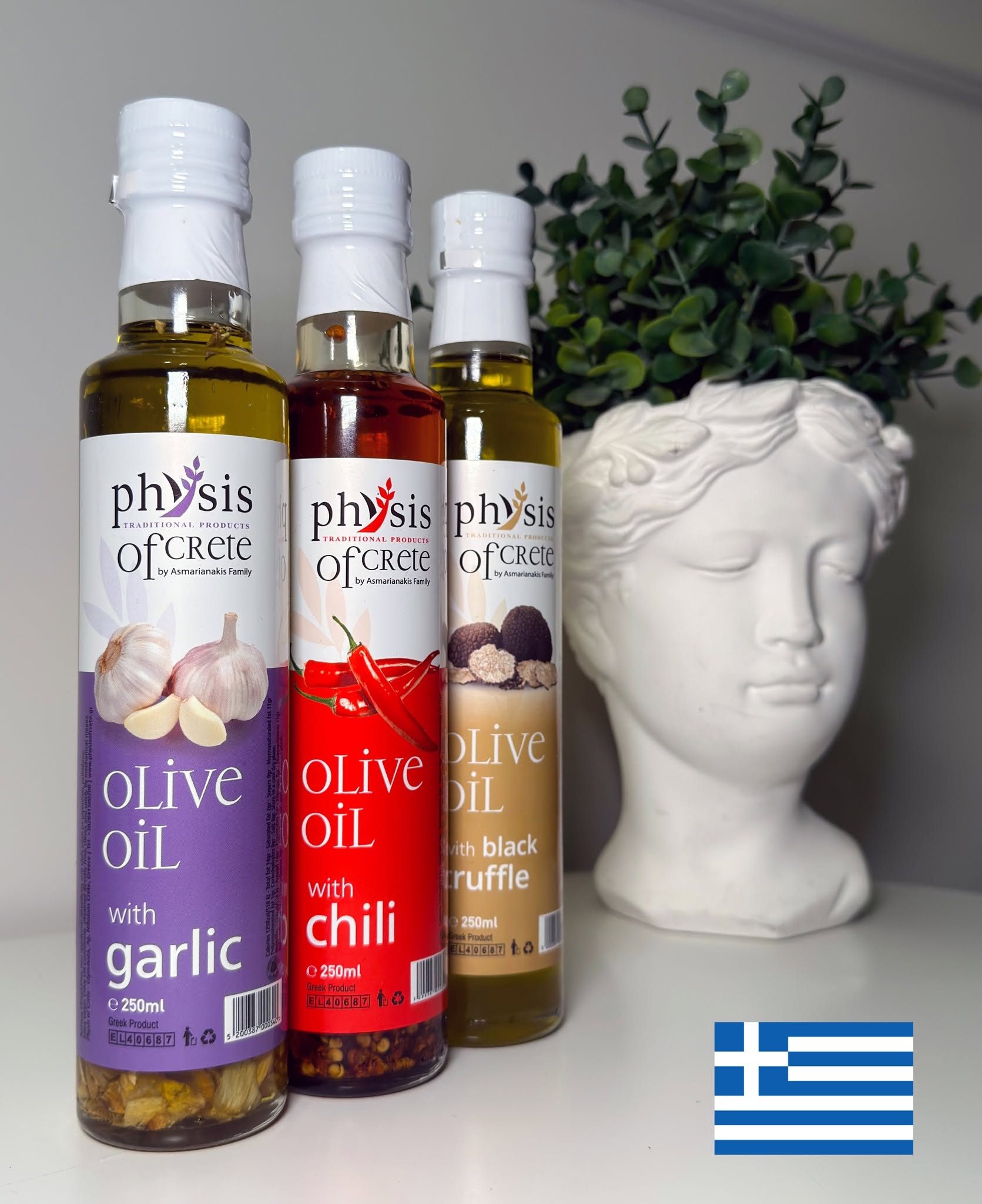 Greckie oliwy smakowe Physis of Crete 250 ml: z czosnkiem, z chili i z czarna trufla