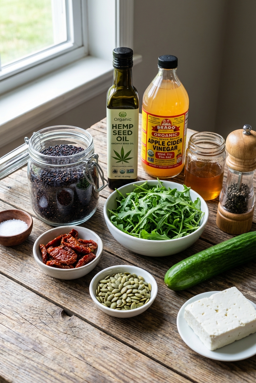 Składniki na sałatkę z czarnego ryżu – suszone pomidory, pestki dyni, dressing