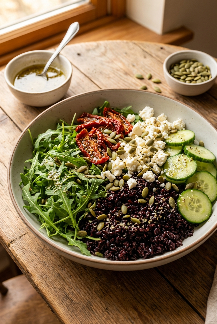 Gotowa sałatka z czarnego ryżu z suszonymi pomidorami i pestkami dyni