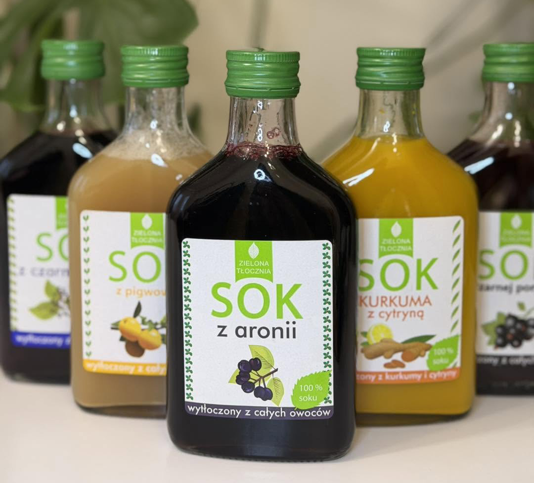 Soki 100% NFC Zielona Tlocznia w butelkach 200 ml: z aronii, z pigwowca, z czarnej porzeczki, kurkuma z cytryna